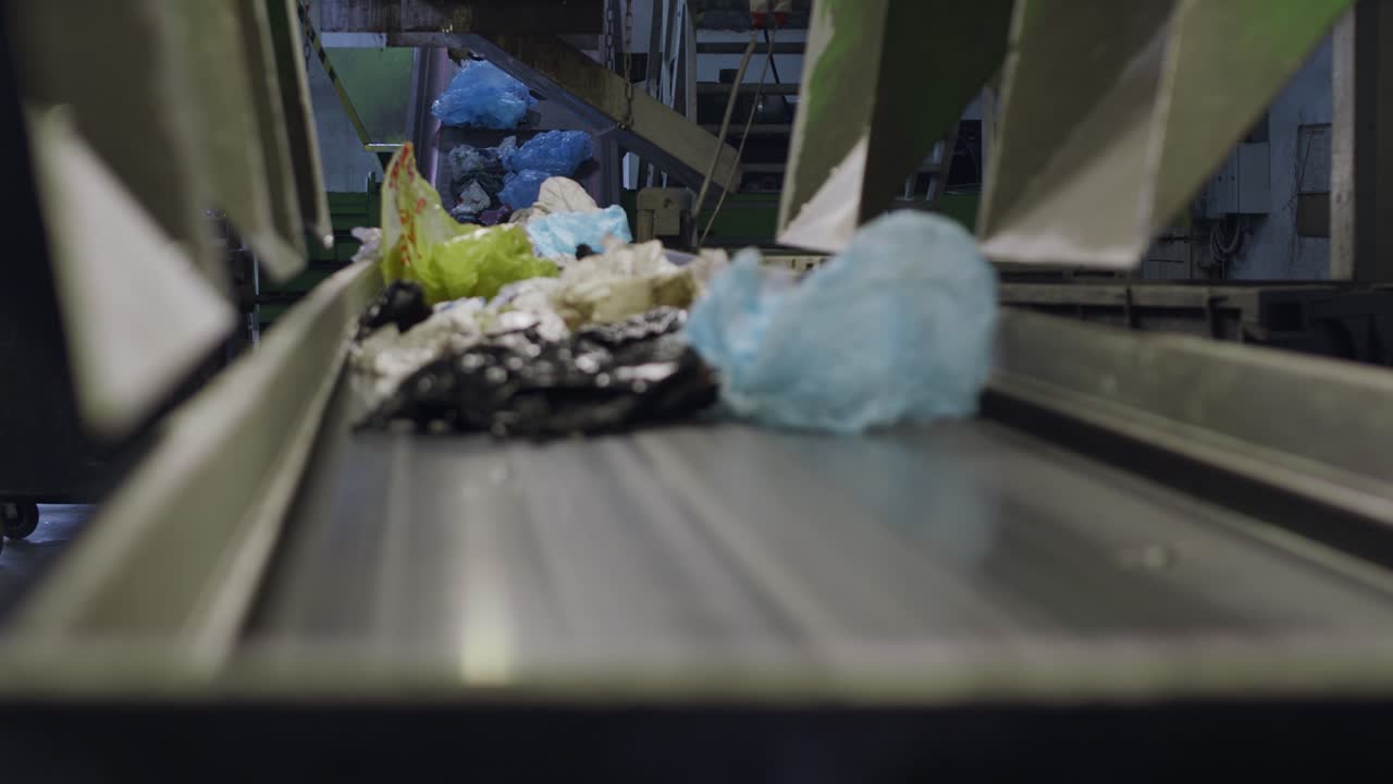 Plastic waste Recycling line. Garbage sorting plant. Sorting of Plastic Bags.