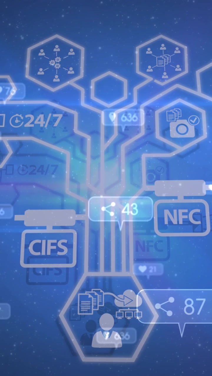 Animazione di icone di social media e rete di icone digitali su sfondo blu con punto luce