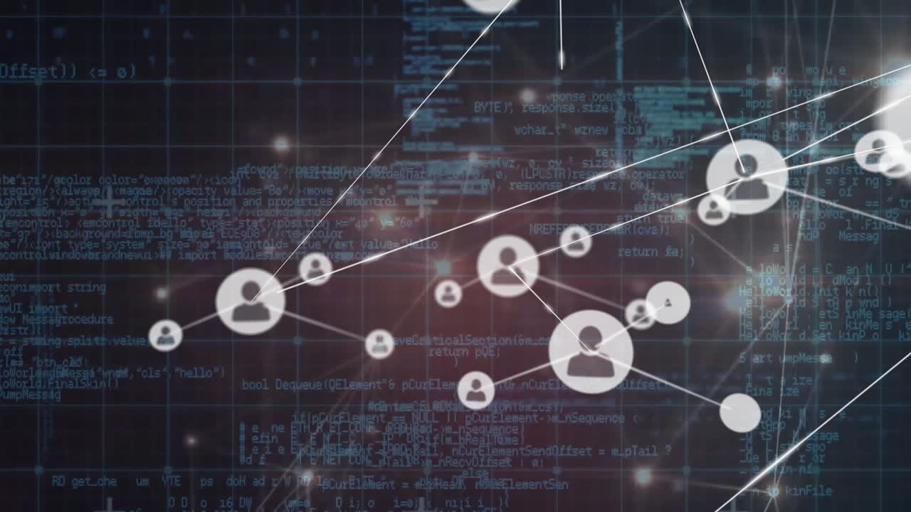 Animation of network of people icons over processing data on dark background