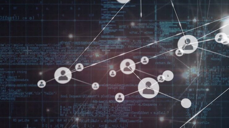 Animation of network of people icons over processing data on dark background