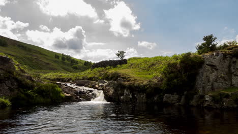 Time-lapse-of-a-stream-with-a-waterfall-forming-a-pool,-on-a-bright-summer-day