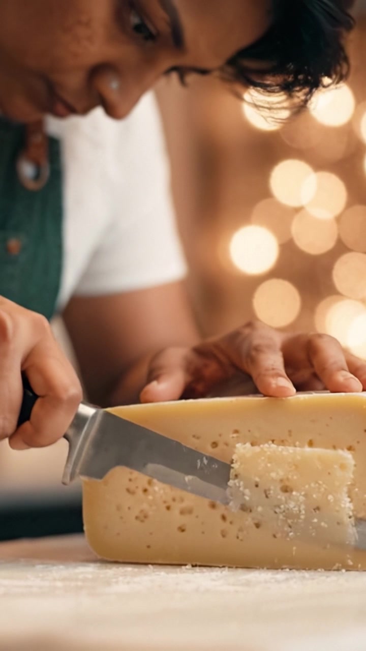Una vista ravvicinata di una persona che affetta abilmente un blocco di formaggio con un coltello affilato; mostrando la consistenza e i dettagli del formaggio su uno sfondo sfocato