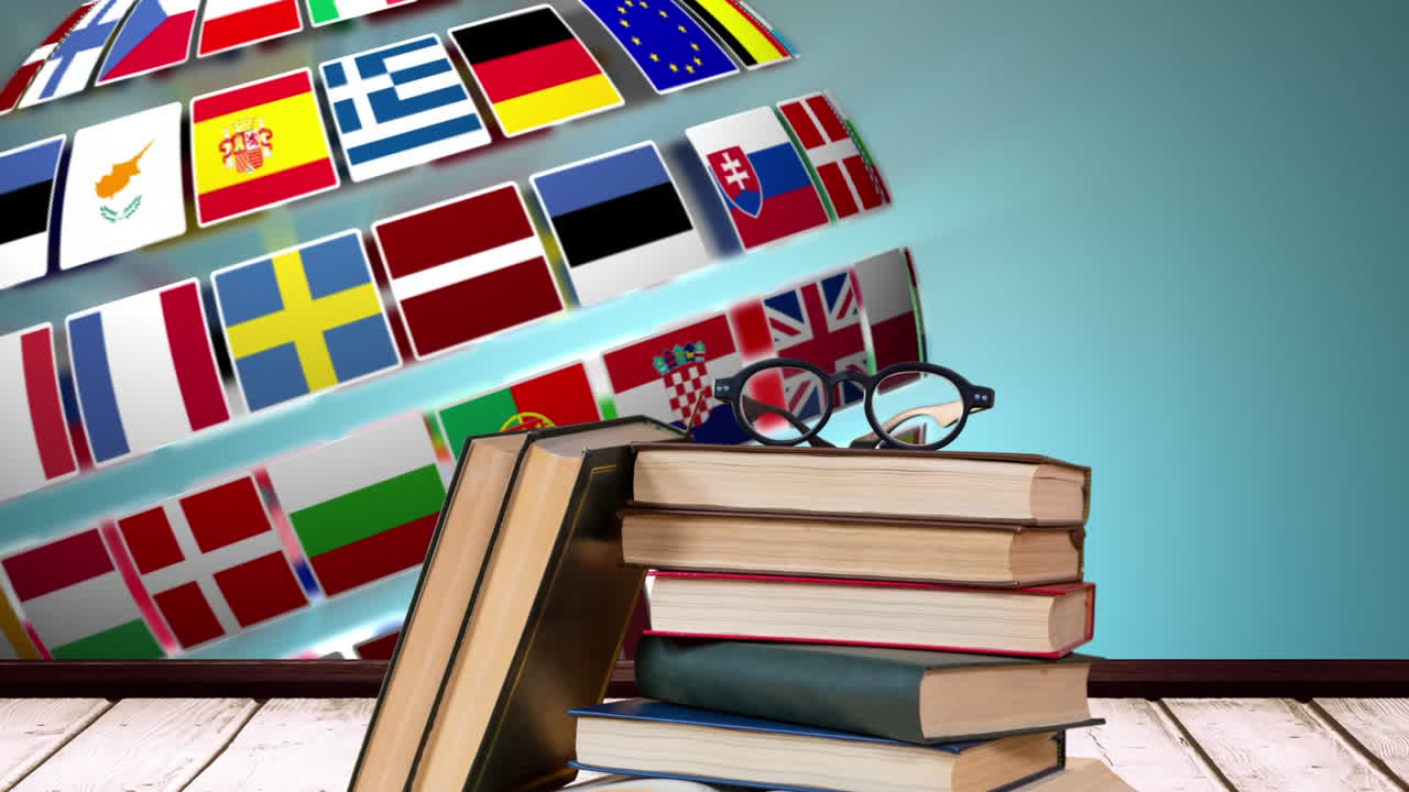 libros escolares y gafas con banderas europeas en forma de globo