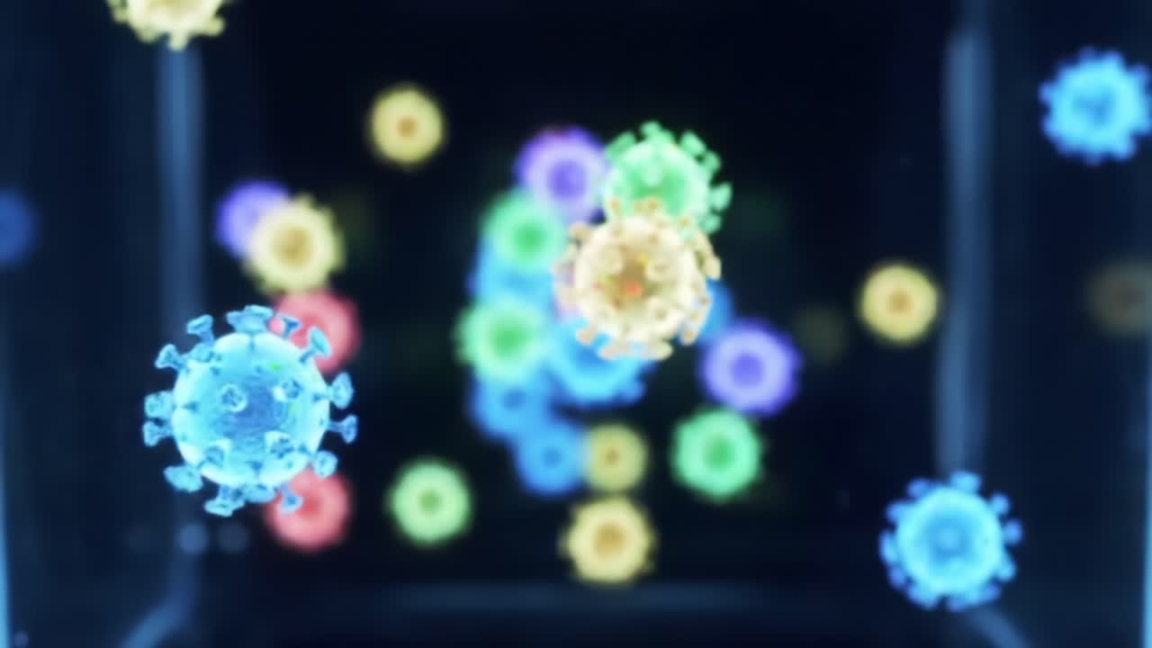 Vibrant Visualization of Microscopic Particles in Motion, Capturing the Intricate Details of Colorful Viruses Floating in a Dark Environment