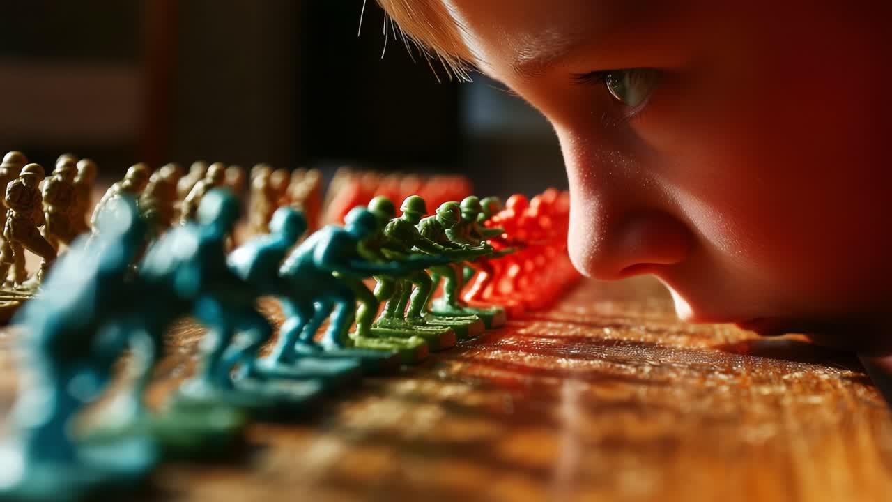 A Young Child's Intense Focus on Toy Soldiers: An Engaging Exploration of Imagination, Play, and Strategy with Colorful Figures Capturing a Child's Attention in a Thoughtful Moment