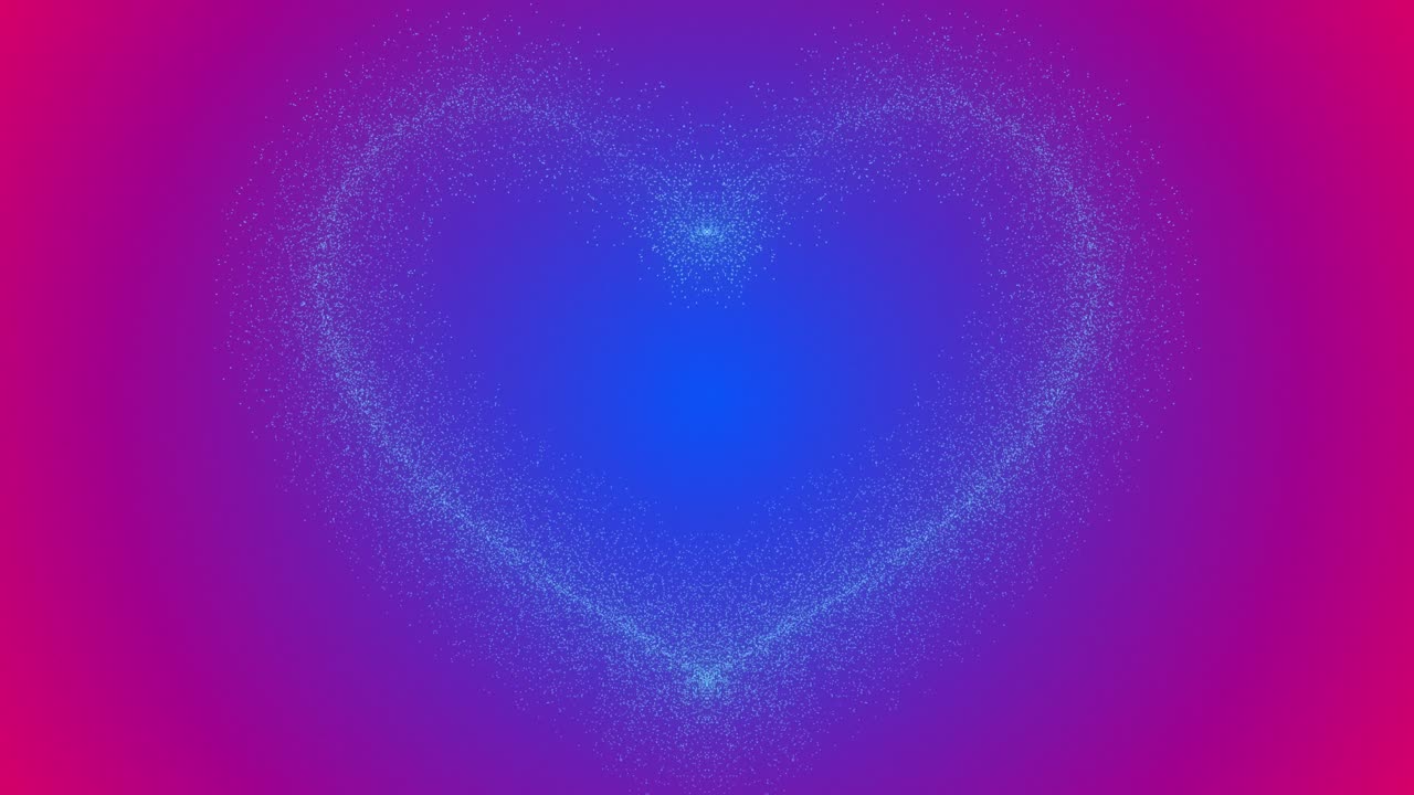 사랑의 반이는 빛나는 불꽃놀이 애니메이션 모양 기호가 그라디언트 색상 배경에서 아지고 사라집니다.