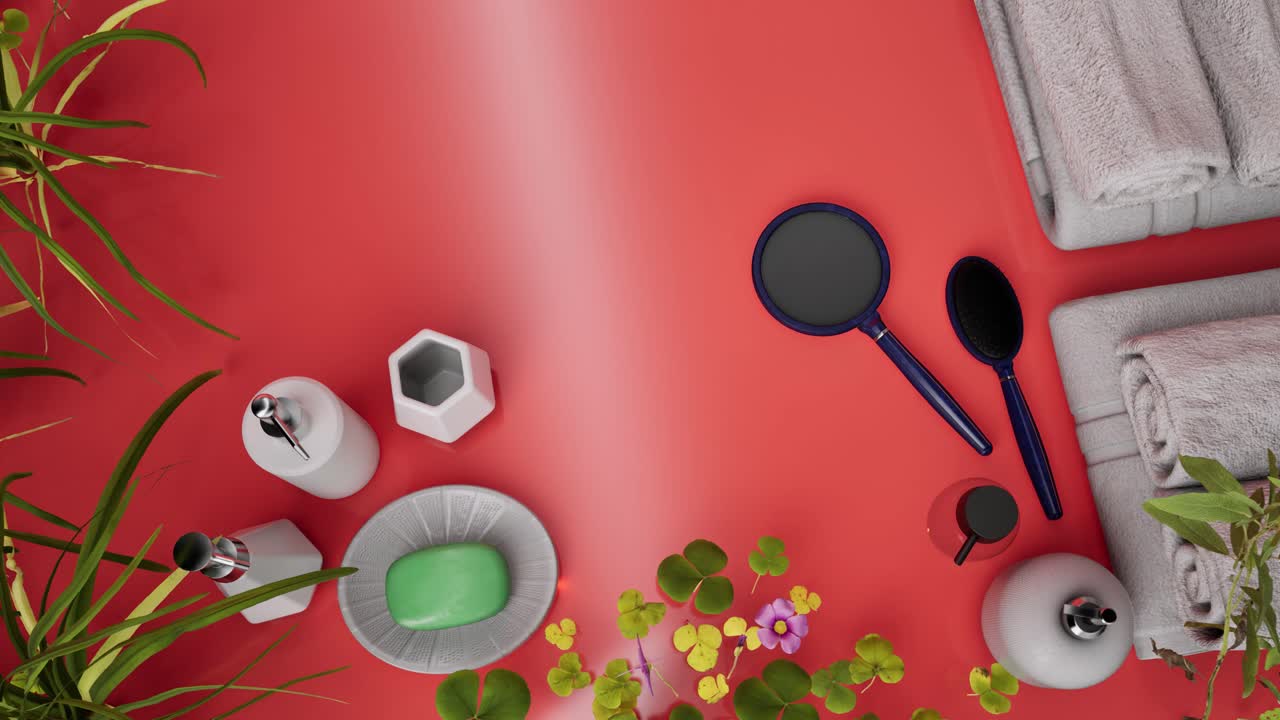 꽃, 수건, 비누, 손 거울, 은 표면에 스파 치료 크림, 3d 애니메이션, 스파 살롱 치료, 휴식