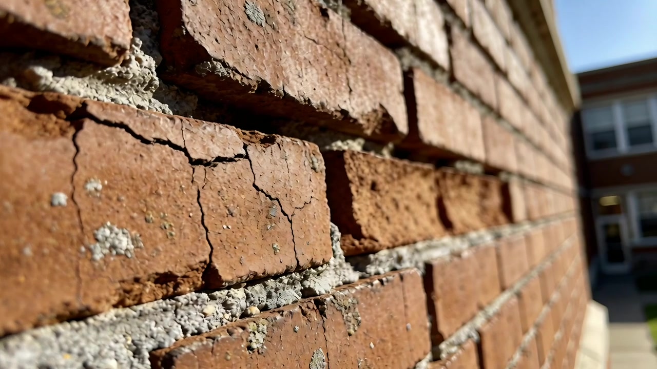 Tracking camera starting rightward to reveal worn red brick wall and distant windows at courtyard