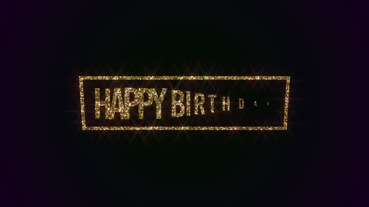 Primo piano animato del testo "Buon Compleanno" con cornice dorata su sfondo festivo