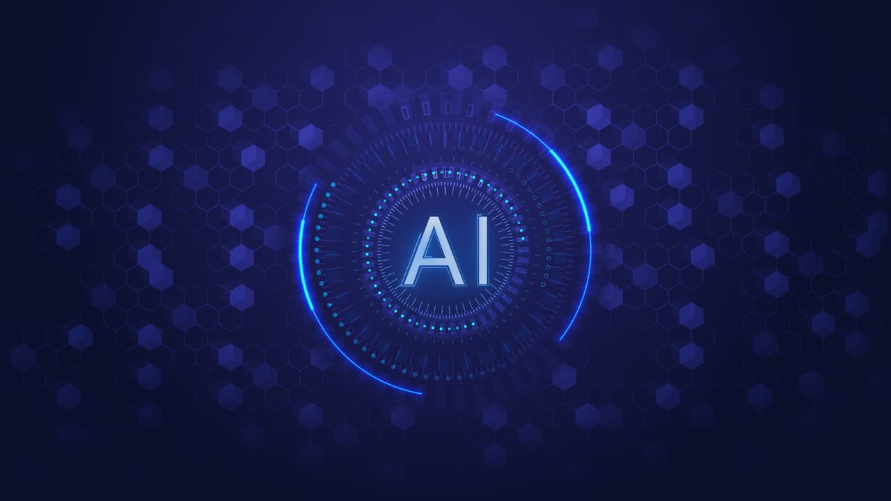 Futuristic digital interface ai letters at center rotating hud rings hexagonal plexus mesh digital