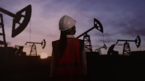 back view of asian female engineer with safety helmet inspects oil pumps at sunrise in a large oil field. looking around and shaking her head