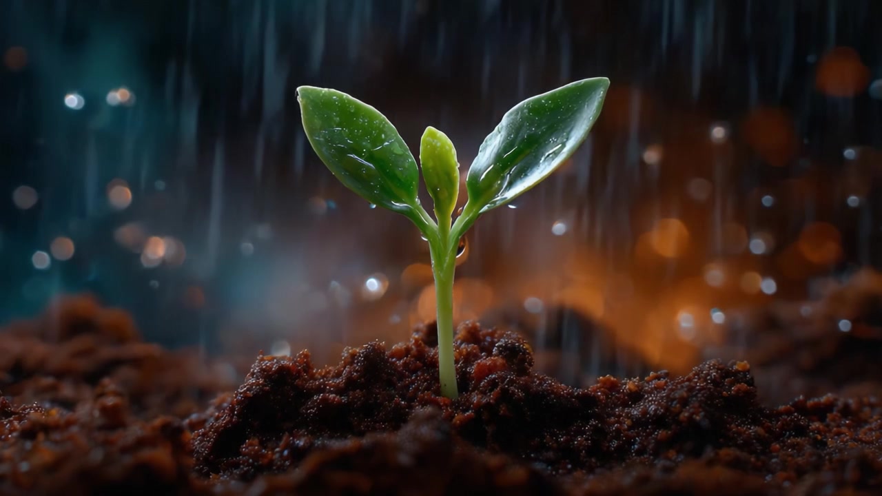 Eine Zeitraffer-Reise eines aus dem Boden sprießenden Sämlings, die Wachstum und Widerstandsfähigkeit vor einem mystischen regnerischen Hintergrund einfängt, der die Schönheit der Natur unterstreicht.