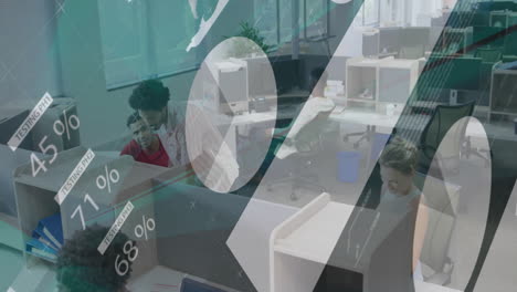 animación del procesamiento de datos financieros sobre diversos colegas que trabajan en la oficina