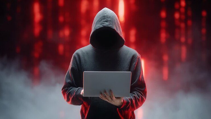Figura misteriosa con una felpa con cappuccio alle prese con un laptop su uno sfondo di elementi digitali rossi e scuri luminosi, che incarna i temi della tecnologia e dell'enigma