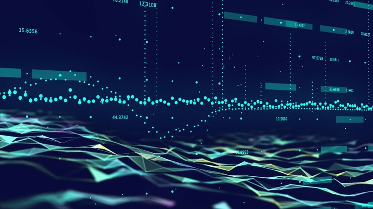 Animation of data processing over light trails on dark background
