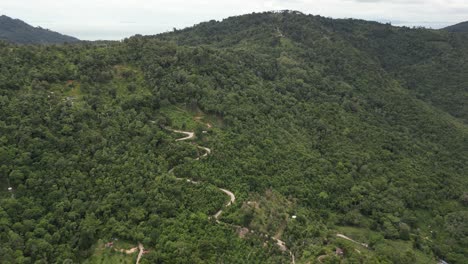 Aerial-clip-of-green-mountain-peaks-with-a-visible-curvy-train-in-between-the-trees