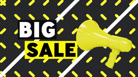 animación de palabras de gran venta con megáfono amarillo y cápsulas amarillas girando sobre fondo negro