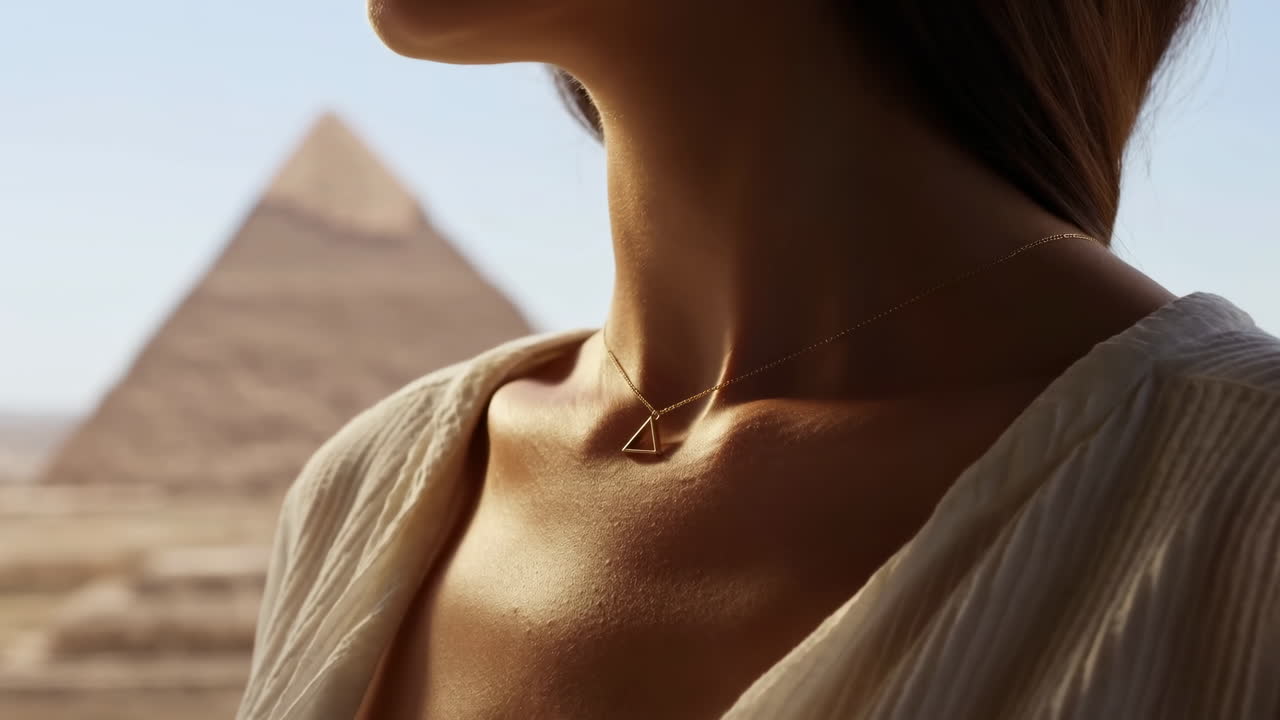 Silhouette del collo di una donna con piramide sullo sfondo, calda luce solare che accarezza la clavicola, ciondolo triangolare.