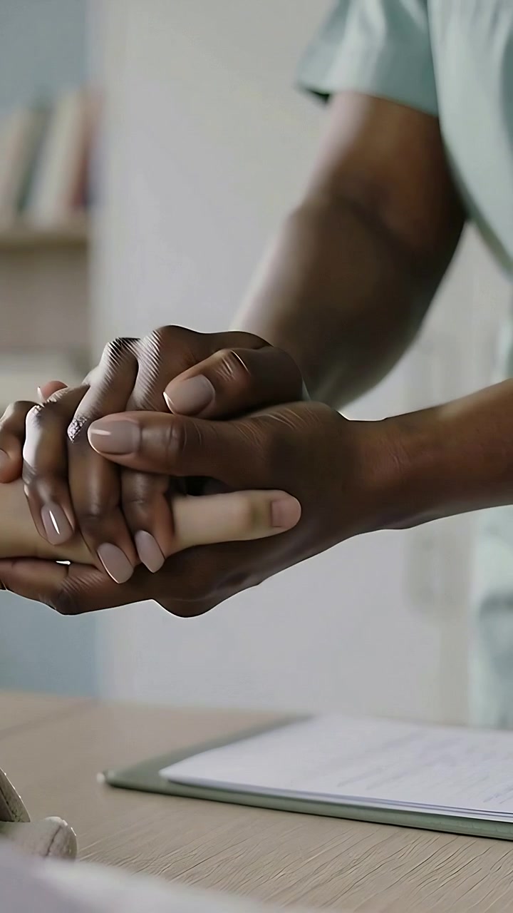 Video verticale: Infermiera in divisa verde che controlla il polso di un paziente in clinica, con cartella clinica visibile