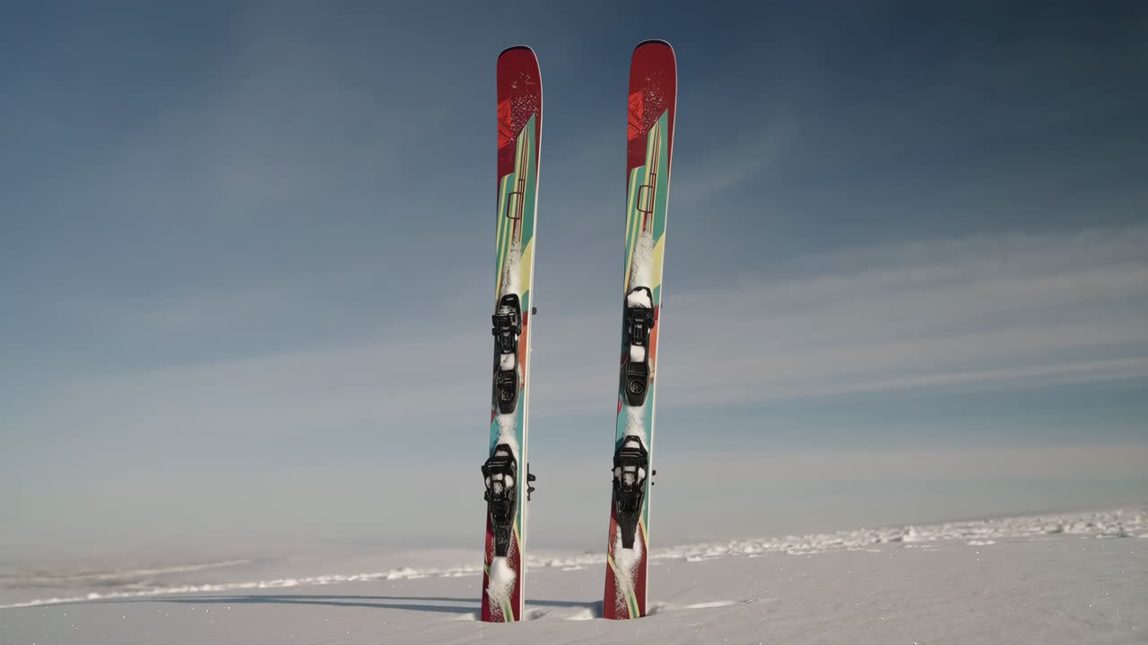 Sci colorati nella neve alta contro un cielo limpido