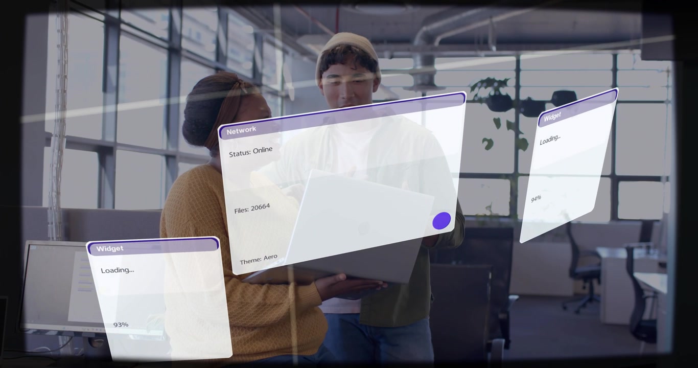 Vertical video: Woman turning laptop and man leaning in checking floating tech panel and loading%