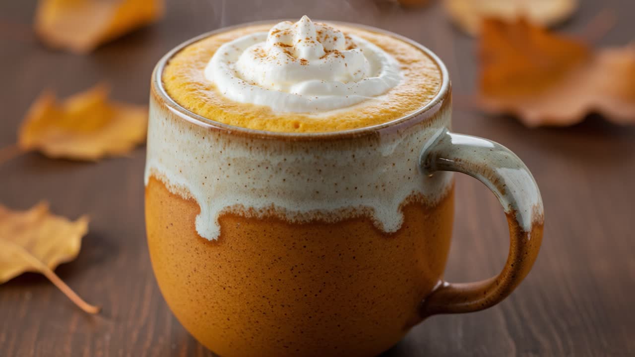 Warm Pumpkin Spice Latte with Whipped Cream and Autumn Leaves