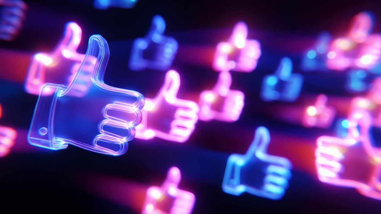 A Vivid Display of Neon Thumbs Up Icons in Abstract Digital Art, Highlighting Positive Feedback and Engaging Visuals with Colorful Glowing Effects Over an Enigmatic Background