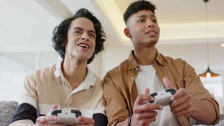 Two male friends grabbing controllers tapping teasing celebrating win with laughter in living room