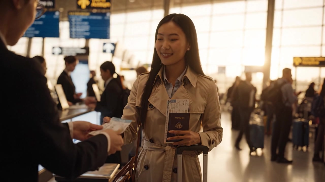 Suasana Bandara yang Sibuk saat Matahari Terbit: Pelancong Melakukan Check-in, Membawa Bagasi, dan Bergerak Melintasi Lingkungan Terminal yang Ramai
