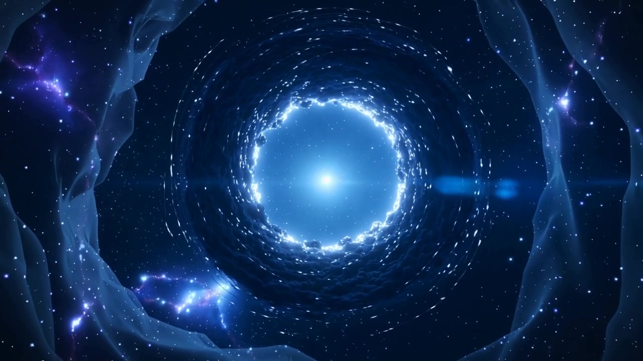Pulserende blåhvitt portal som reagerer på en energibølge i en kosmisk tunnel, med elektriske gnister.