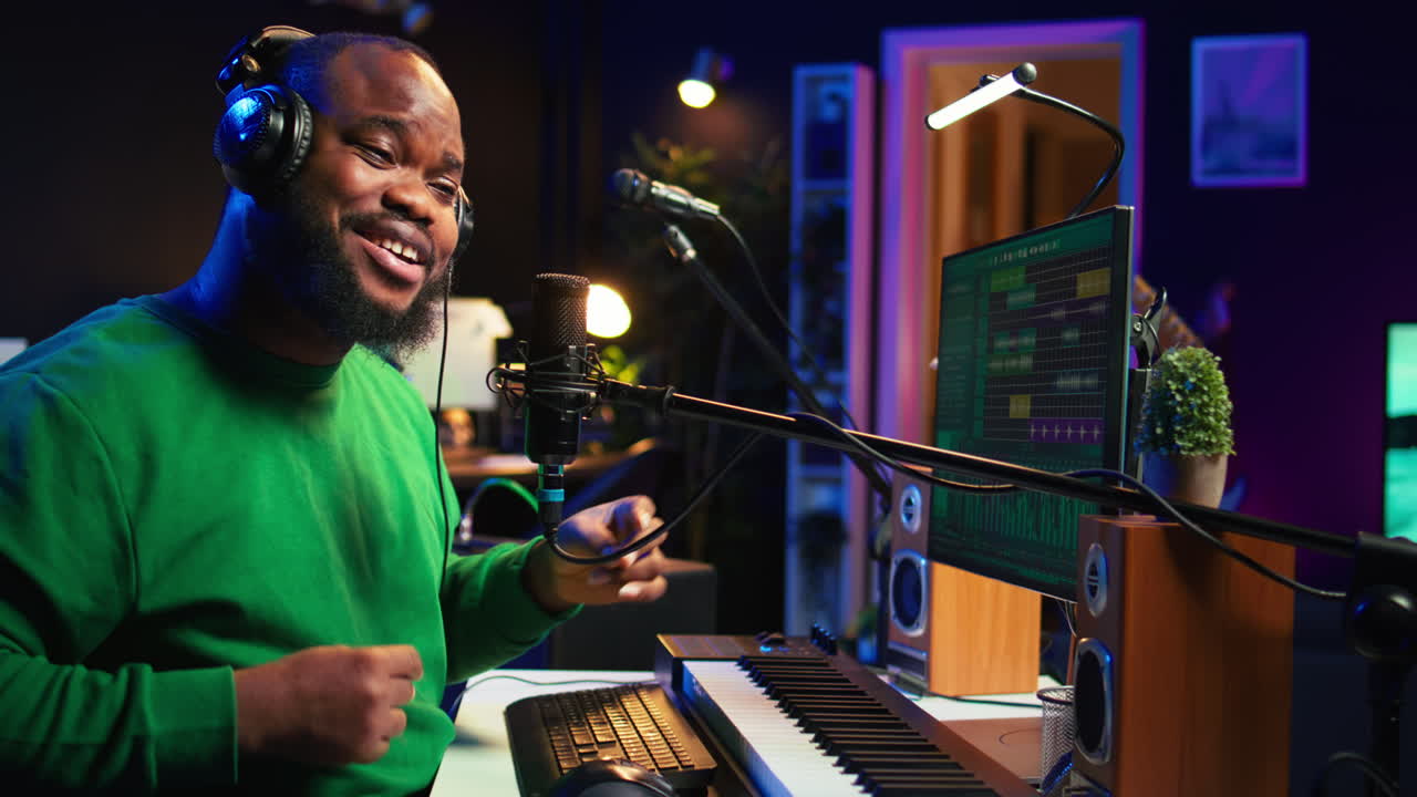 Confident artist singer performing a song on microphone in home studio
