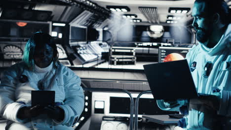 astronauts flying together in starship exploring mars, exploring planetary surface