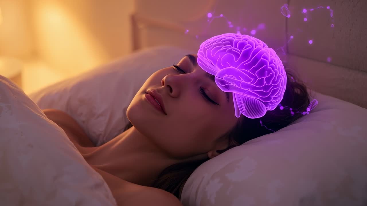 Rendering di un cervello pulsante sopra la fronte di una donna vestita, sdraiata sul letto, che suggerisce un sogno