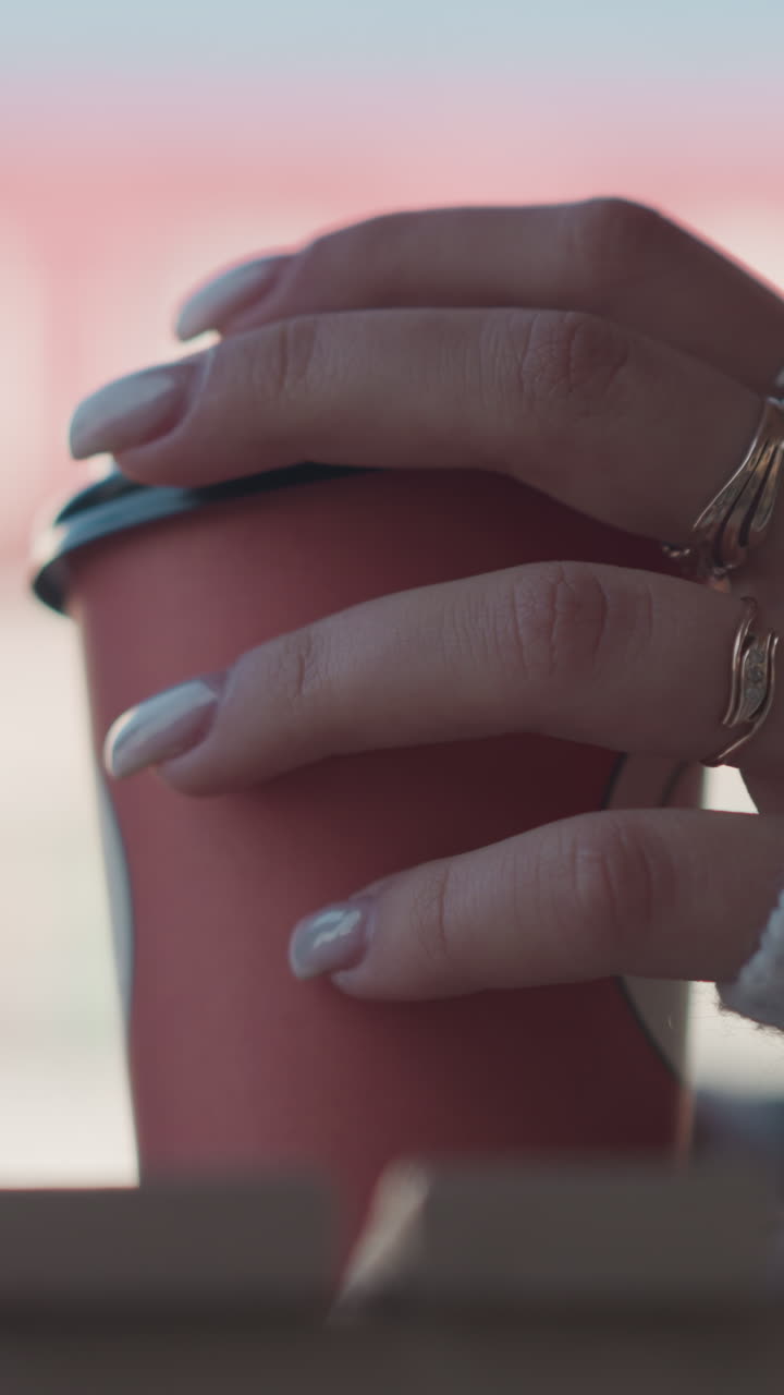 Close-up of woman's hand with manicured nails holding red coffee cup while gently rubbing the lid, showcasing delicate jewelry and stylish rings against a blurred background