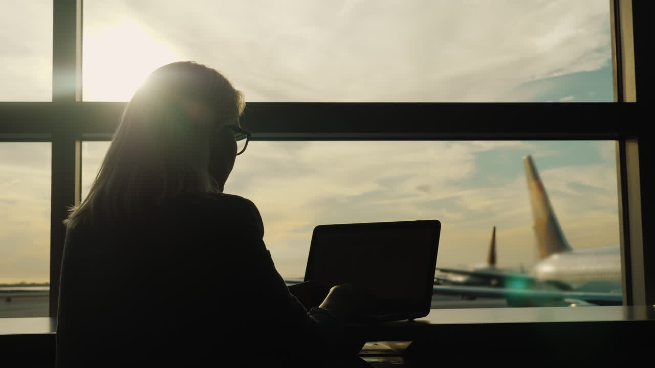 Business Woman Working In Airport Terminal