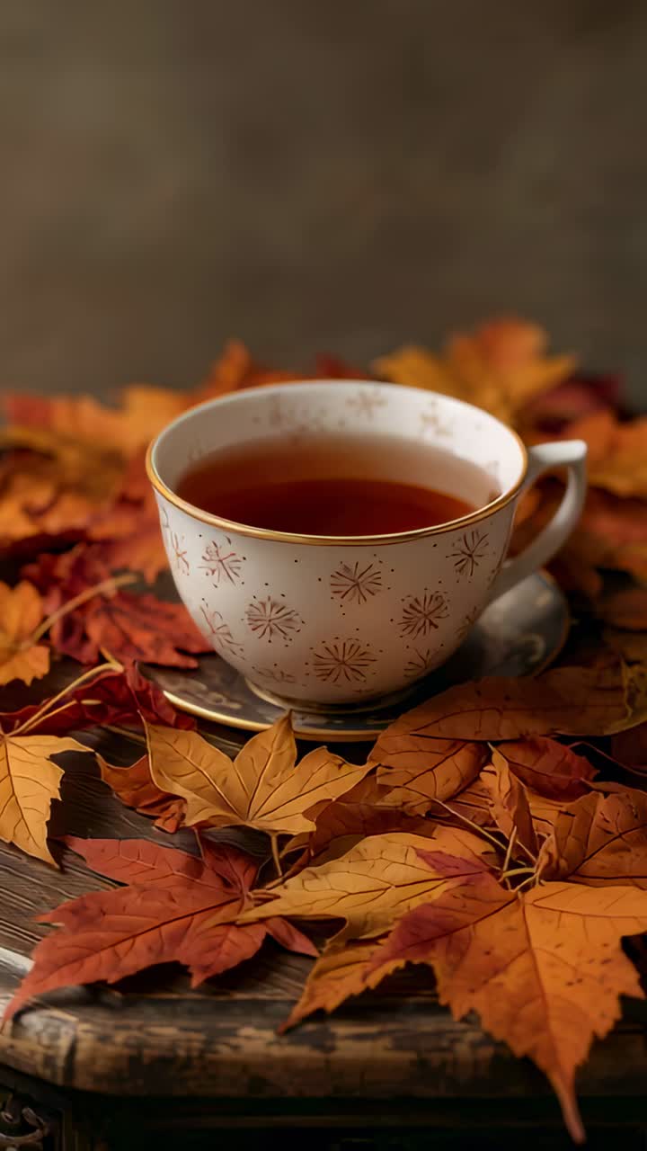 Vertical video: Zooming camera revealing gilded cup, saucer or spoon on wood top showing maple leave