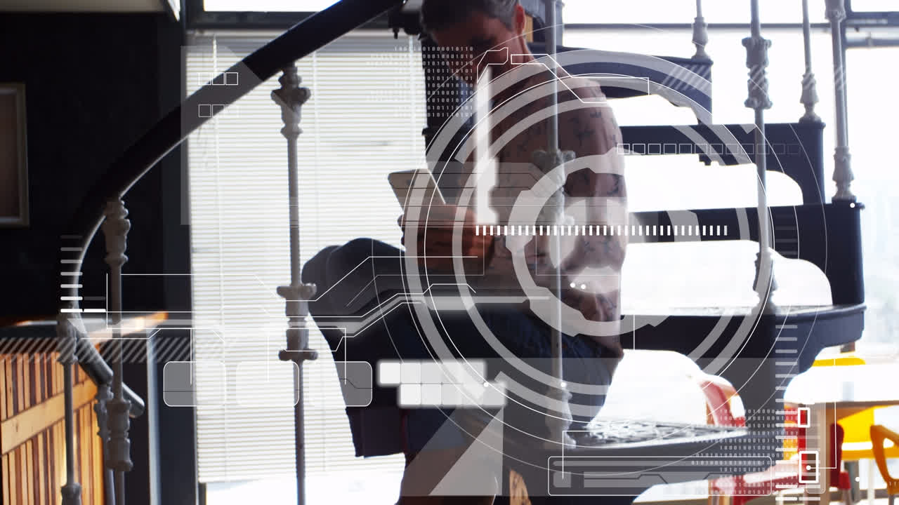 Animation of scope scanning over caucasian businesswoman in office