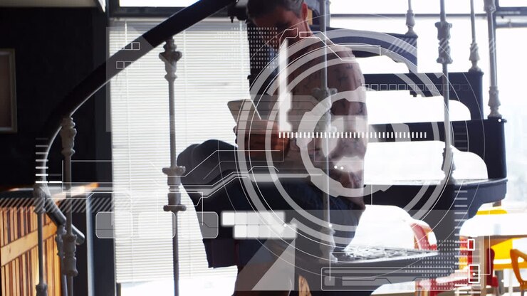 Animation of scope scanning over caucasian businesswoman in office