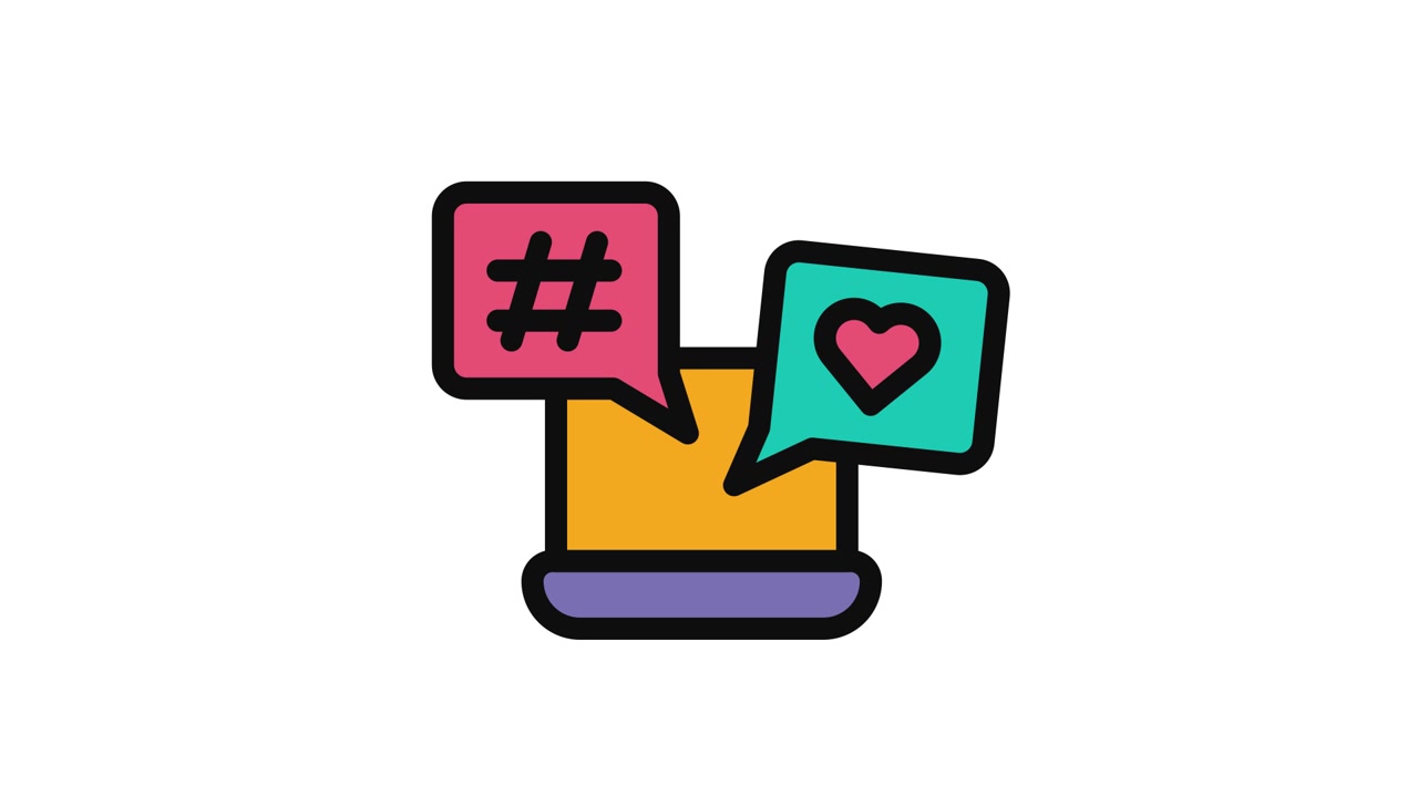 Laptop con icone animate di hashtag e cuore per i social media