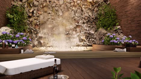 Spa-Wellness-Umgebung-4-Mit-Innenpool,-Wasserfall,-Blumen,-Handtüchern,-Heilsteinen-Und-Spa-Behandlungscremes-Auf-Holzoberfläche,-Tagsüber,-3D-Animation,-Spa-Salon-Behandlung,-Entspannung