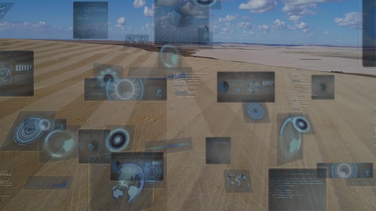 Animation of digital interface elements over agricultural fields in aerial view