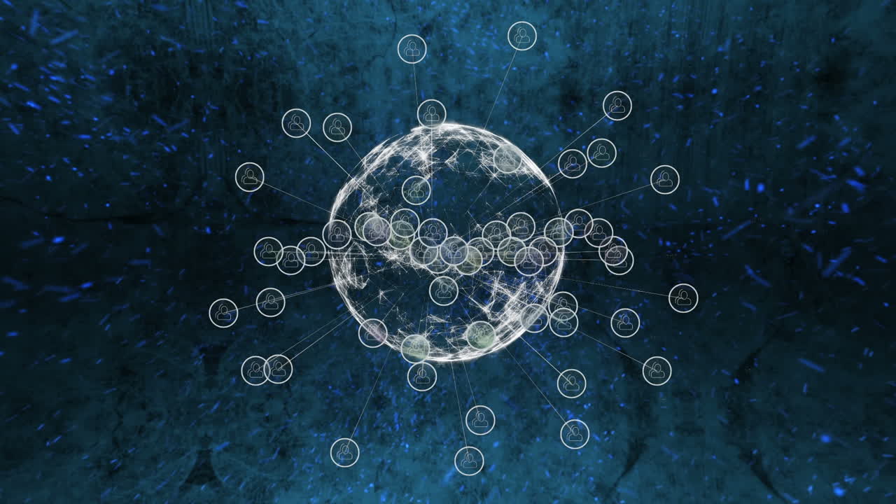 Animation of network of connections with icons and globe over blue background