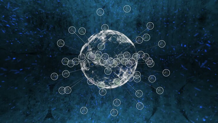 Animation of network of connections with icons and globe over blue background