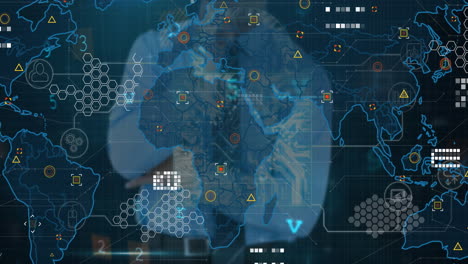 Animación-Del-Mapa-Mundial,-Procesamiento-De-Datos-De-Seguridad-Cibernética-Contra-La-Sección-Media-De-Un-Hombre-De-Negocios-Reflexivo