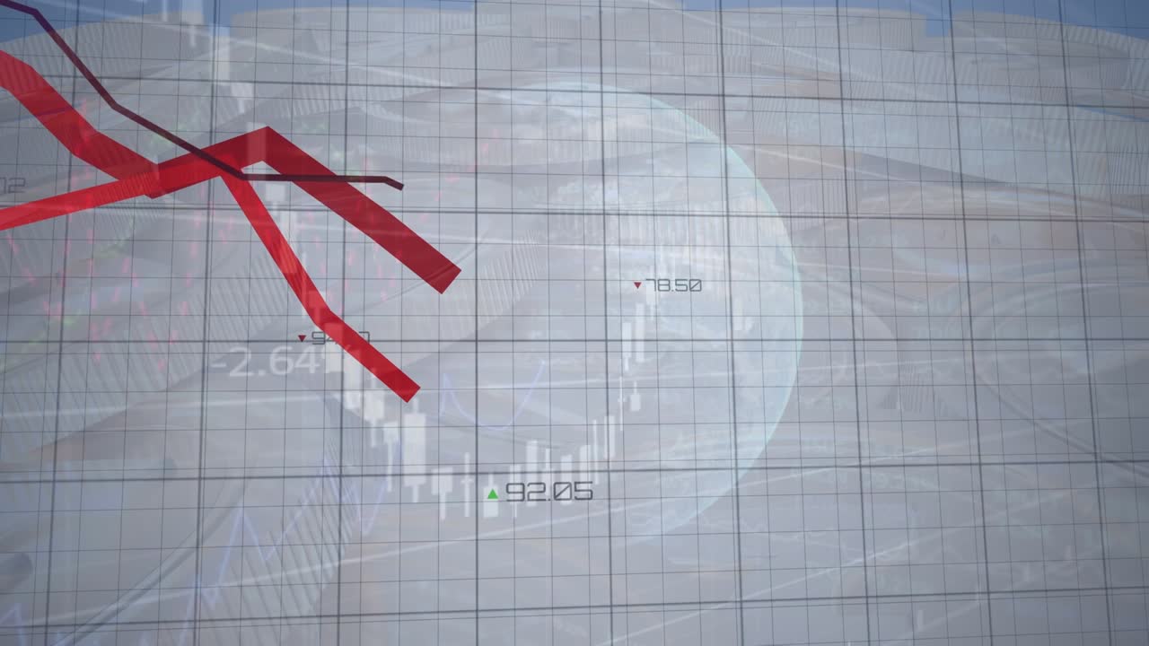 Animation of graphs and financial data over globe and grey background
