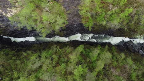 Bordalsgjelet-Gorge-in-Voss-Norway-top-down-aerial-view---Camera-looking-straight-down-into-deep-valley-with-river-in-bottom-and-tall-cliffs-on-both-sides