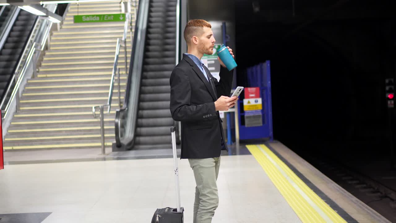 Man with suitcase using phone at subway station