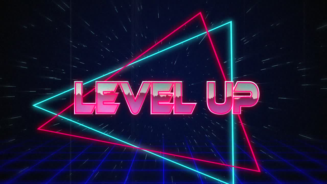 nivel de texto retro glitching sobre triángulos azules y rojos en efecto de hiperespacio blanco