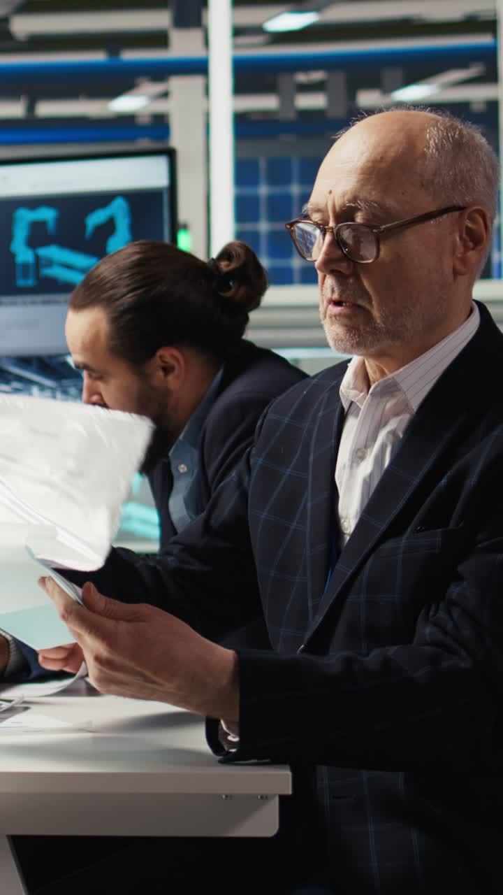 Vertical video Industrial plant senior manager looking over paperwork files