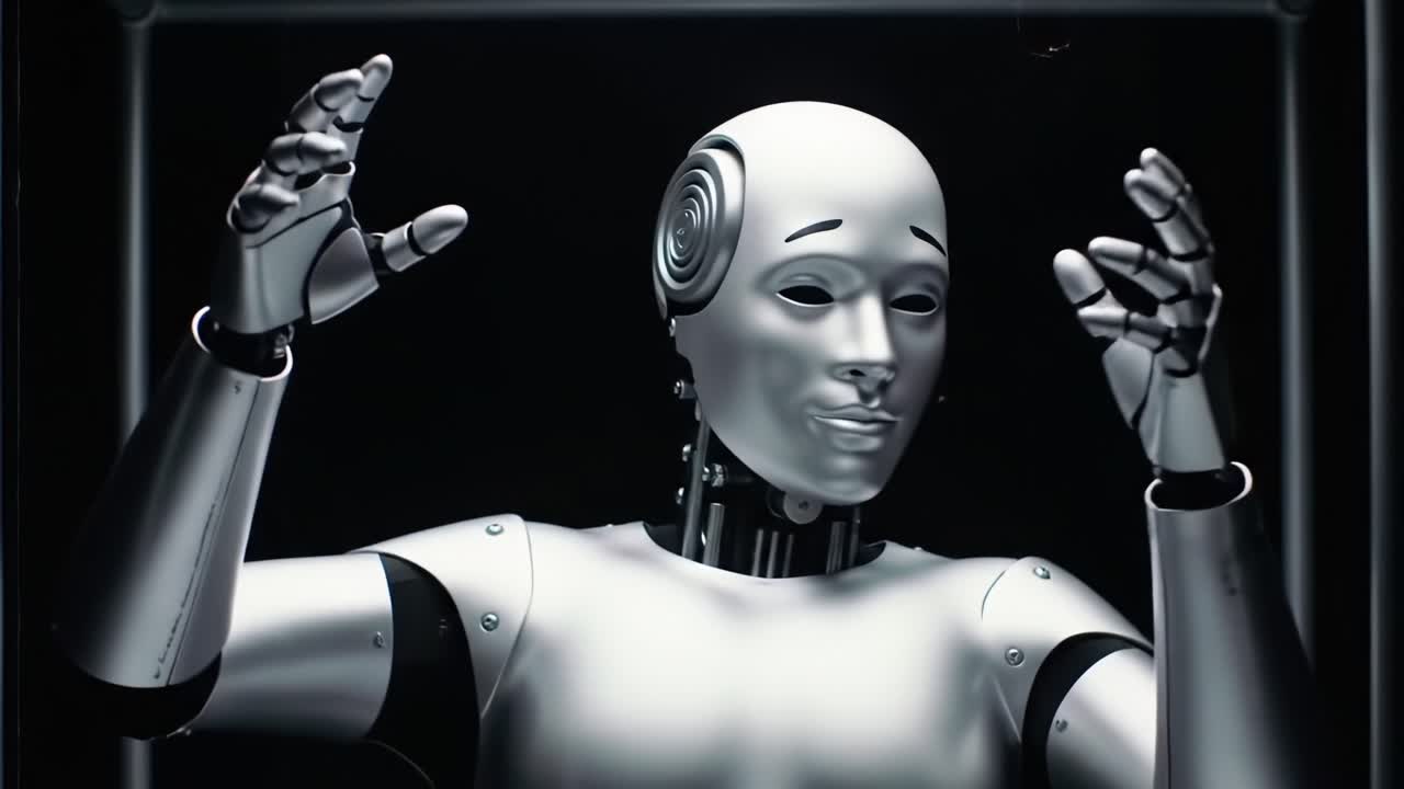 Futuristic humanoid robot exhibits advanced design and features, showcasing innovative technology in a high-tech environment with an emphasis on robotics and human-computer interaction